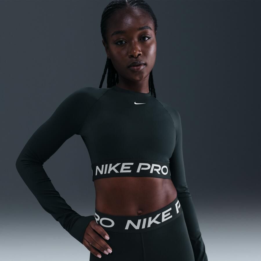 Nike Pro Dri-FIT korte top met lange mouwen voor dames Groen - Foto 4
