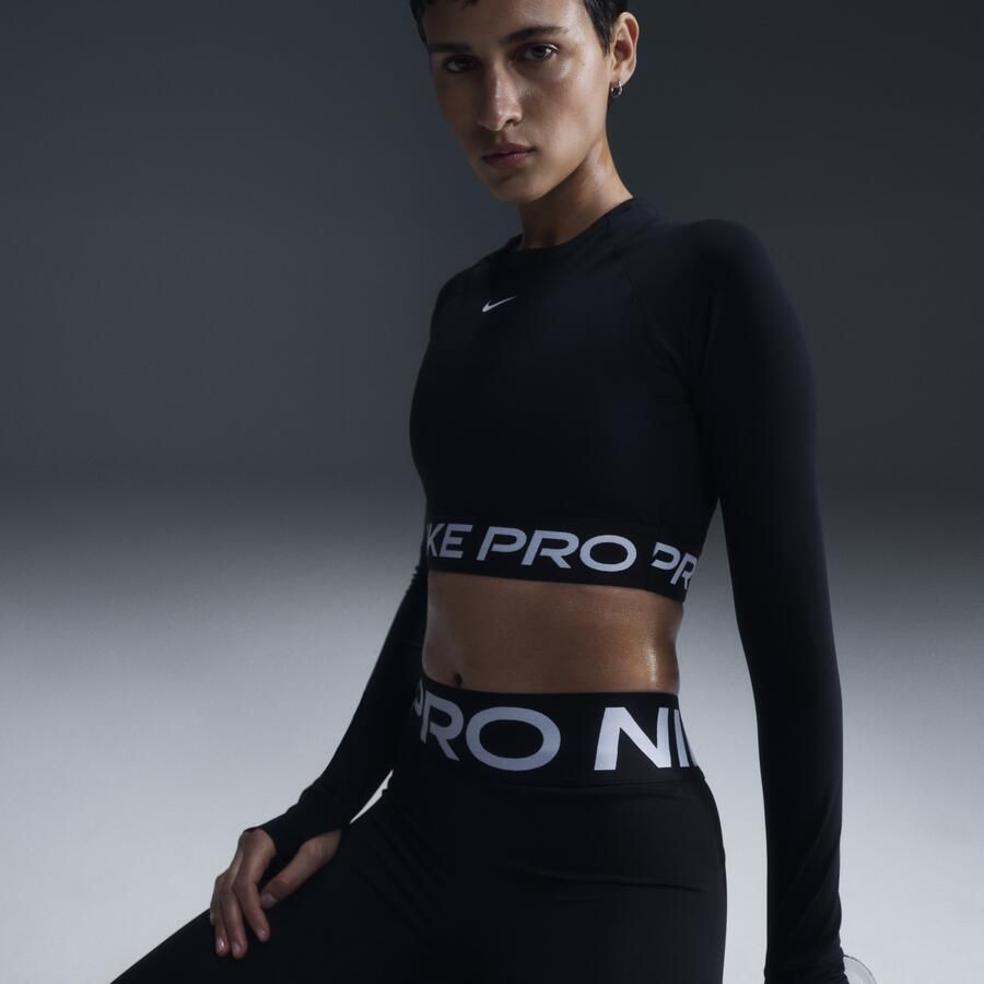 Nike Pro Dri-FIT korte top met lange mouwen voor dames Zwart - Foto 4