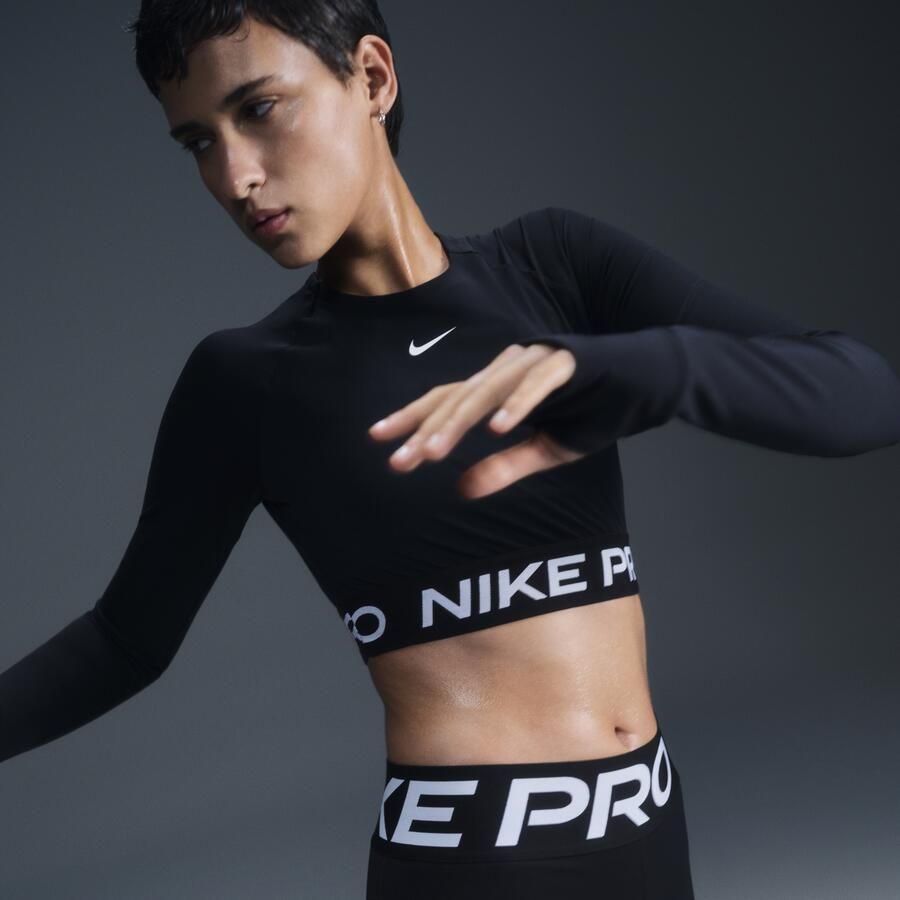 Nike Pro Dri-FIT korte top met lange mouwen voor dames Zwart - Foto 3