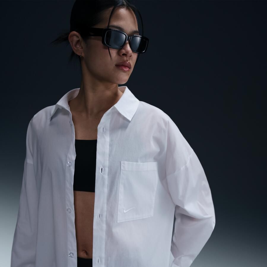 Nike Sportswear Chill Poplin ruimvallende damestop met lange mouwen en knoopsluiting Wit - Foto 4