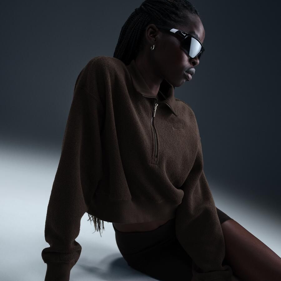 Nike Sportswear Phoenix Plush oversized cropped sweatshirt van fleece met korte rits voor dames Bruin