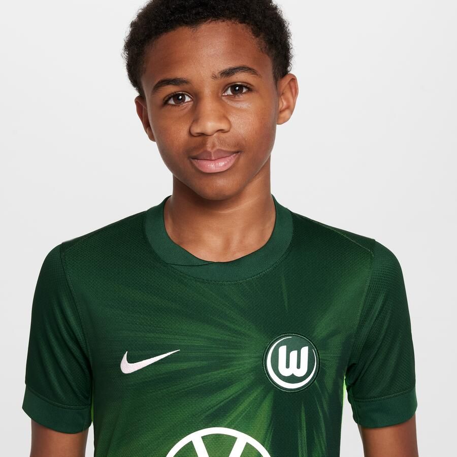 Nike Vfl Wolfsburg 2025 2026 Stadium Thuis Dri-Fit replica voetbaltop met korte mouwen voor jeugd Groen