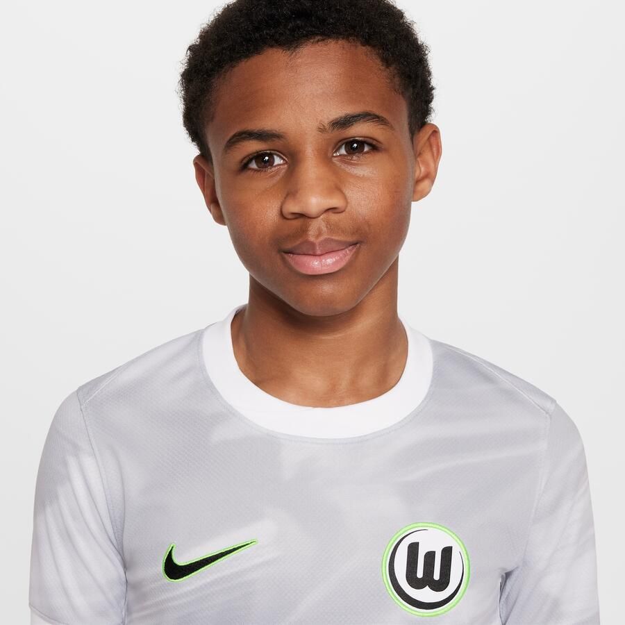 Nike Vfl Wolfsburg 2025 2026 Stadium Uit Dri-Fit replica voetbaltop met korte mouwen voor kids Wit