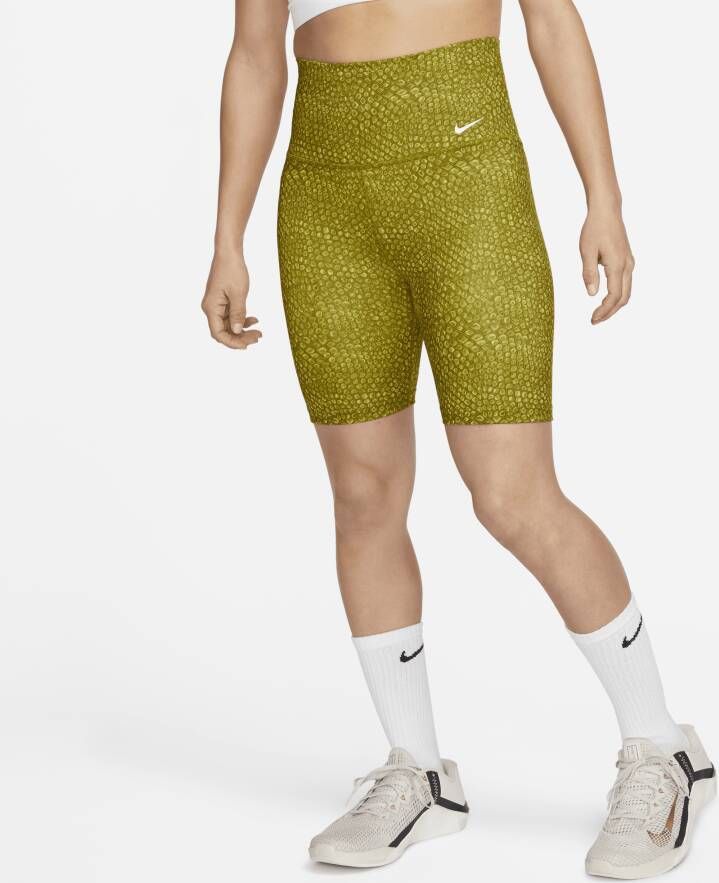 Nike One Bikeshorts met hoge taille en print voor dames (18 cm) Groen