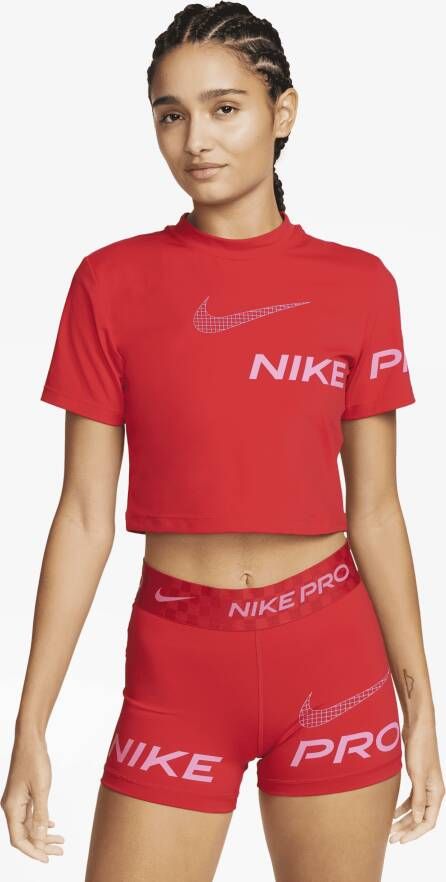 Nike Pro Dri-FIT Korte trainingstop met graphic en korte mouwen voor dames Rood