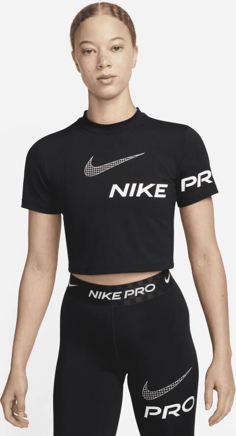 Nike Pro Dri-FIT Korte trainingstop met graphic en korte mouwen voor dames Zwart