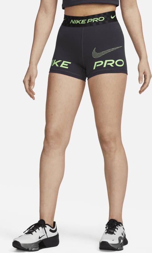Nike Pro Dri-FIT Trainingsshorts met halfhoge taille en graphic voor dames (8 cm) Grijs
