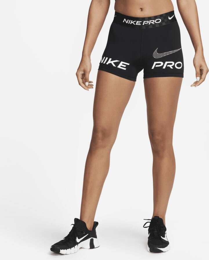 Nike Pro Dri-FIT Trainingsshorts met halfhoge taille en graphic voor dames (8 cm) Zwart