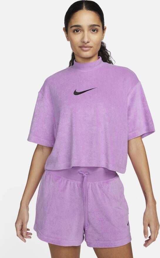 Nike Sportswear damestop van badstof met hoge kraag en korte mouwen Paars
