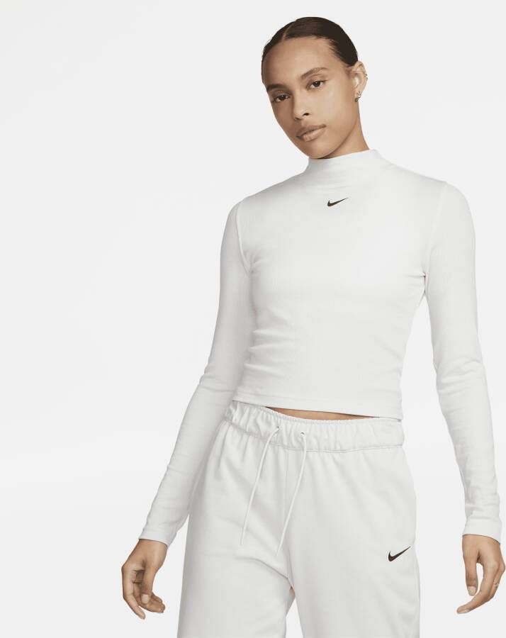 Nike Sportswear Essential Geribde Damestop met hoge kraag en lange mouwen Grijs