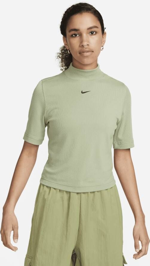 Nike Sportswear Essentials geribde damestop met hoge kraag en korte mouwen Groen