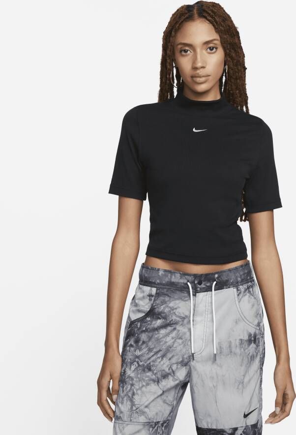 Nike Sportswear Essentials geribde damestop met hoge kraag en korte mouwen Zwart