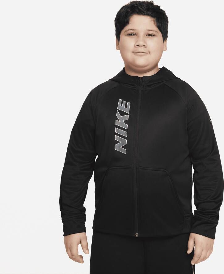 Nike Therma-FIT Trainingshoodie met volledige rits en graphic voor jongens (ruimere maten) Zwart