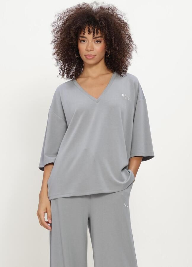 ALIX THE LABEL Dames Tops & T-shirts Ladies Knitted Scuba V-neck Top Lichtgrijs