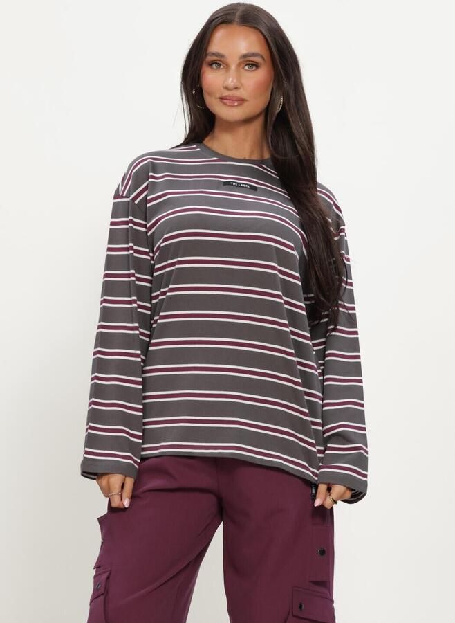 ALIX THE LABEL Dames Tops & T-shirts Ladies Knitted Stripe Longsleeve T-shirt Donkergrijs