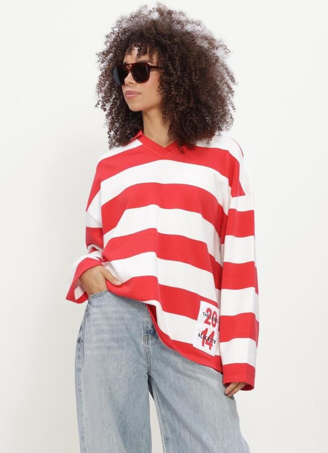 ALIX THE LABEL Dames Truien & Vesten Ladies Knitted Block Stripe Polo Sweater Rood