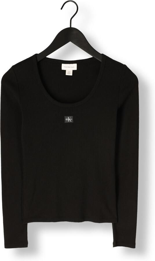 CALVIN KLEIN Dames Tops & T-shirts Ls Woven Label 2x2 Rib Scoop Nec Zwart - Foto 3