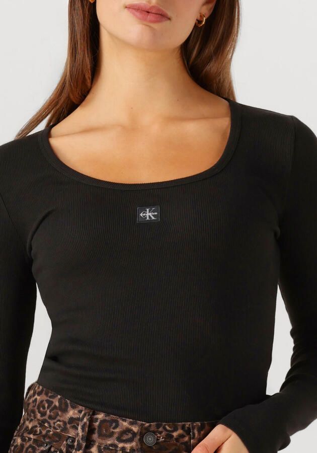 CALVIN KLEIN Dames Tops & T-shirts Ls Woven Label 2x2 Rib Scoop Nec Zwart - Foto 2