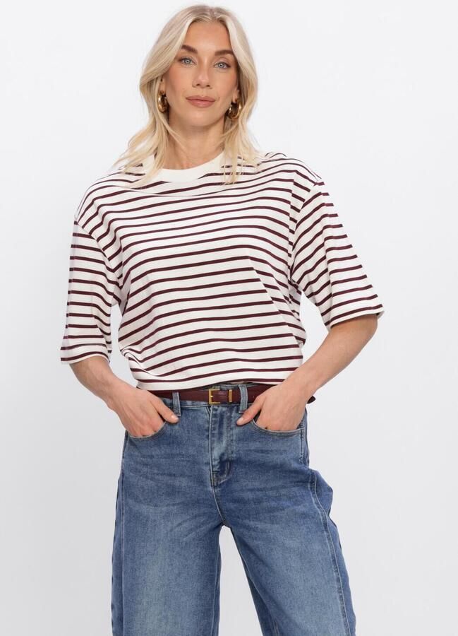 CATWALK JUNKIE Dames Tops & T-shirts Loose Fit Striped Tshirt Creme