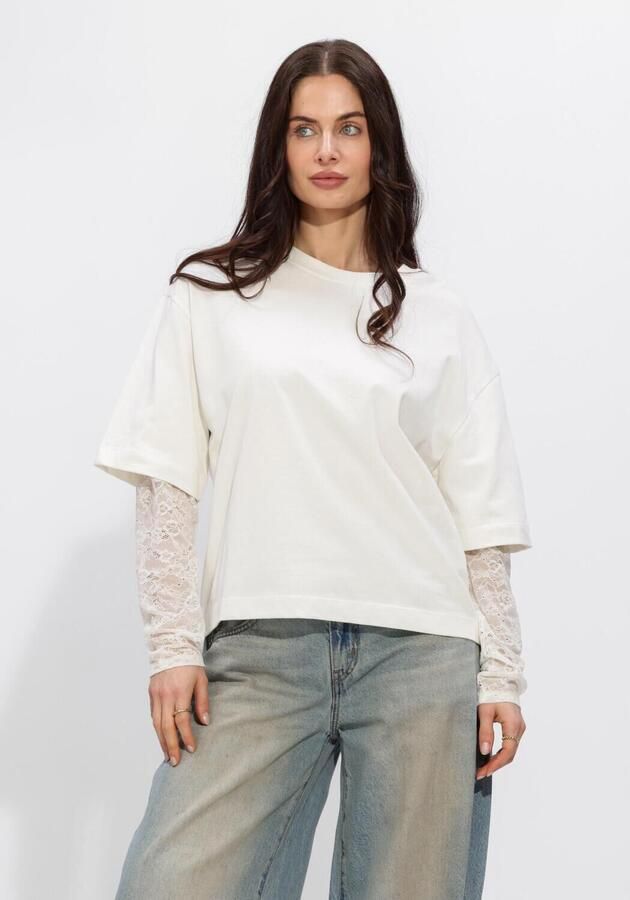 CATWALK JUNKIE Dames Truien & Vesten Loose Fit Tshirt With Lace Sleeves Gebroken Wit