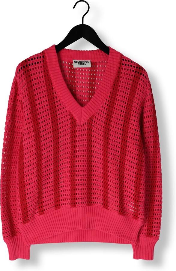 COLOURFUL REBEL Dames Truien & Vesten Lizza Crochet Stripe V-neck Sweater Rood - Foto 2