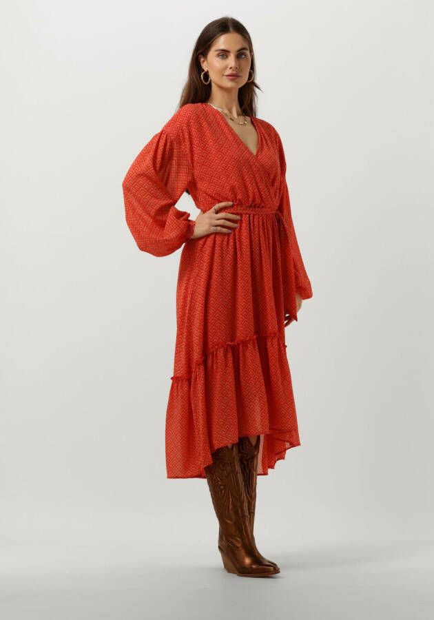 Colourful Rebel jurk Embla Small Geo Balloon Sleeve Midi Dress met grafische print en ceintuur oranje