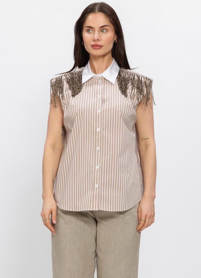 DANTE6 Dames Blouses Rhobin Sleeveless Fringe Detai Shirt Beige