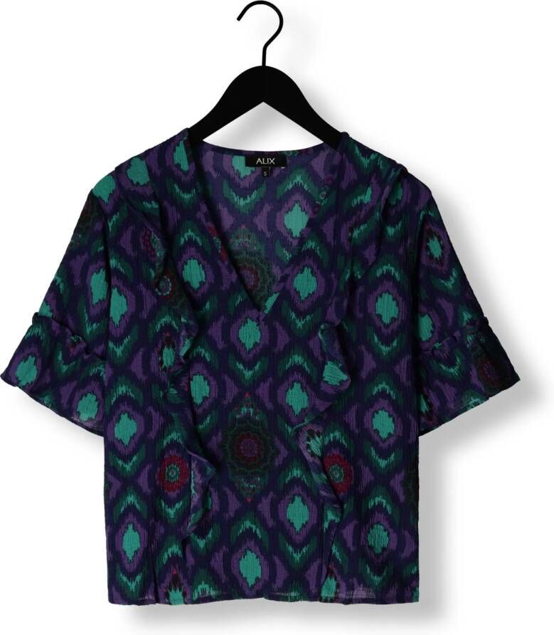 ALIX THE LABEL Dames Tops & T-shirts Ladies Woven Ikat Ruffle Top Paars