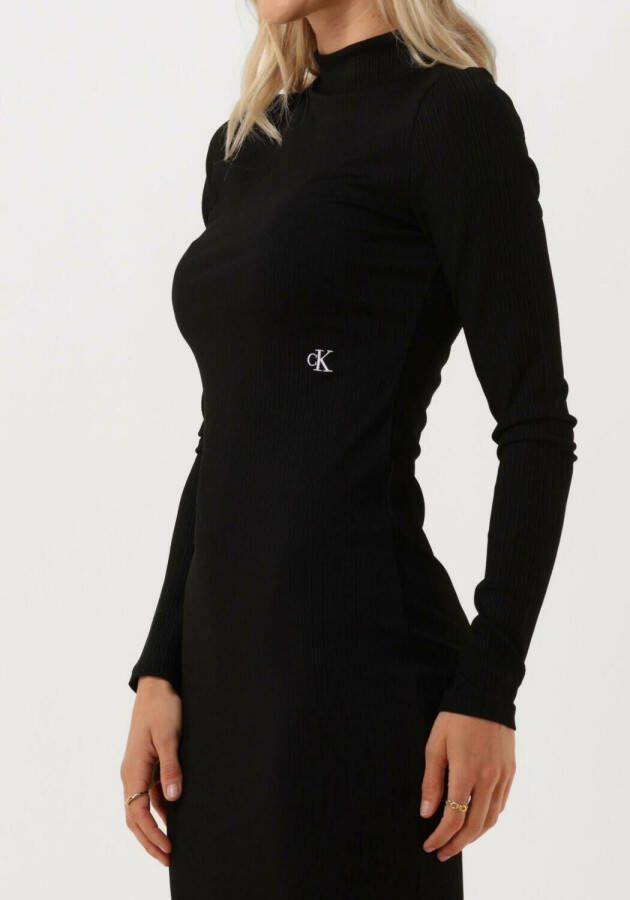 Calvin Klein Zwarte Midi Jurk Shiny Rib High Neck Dress