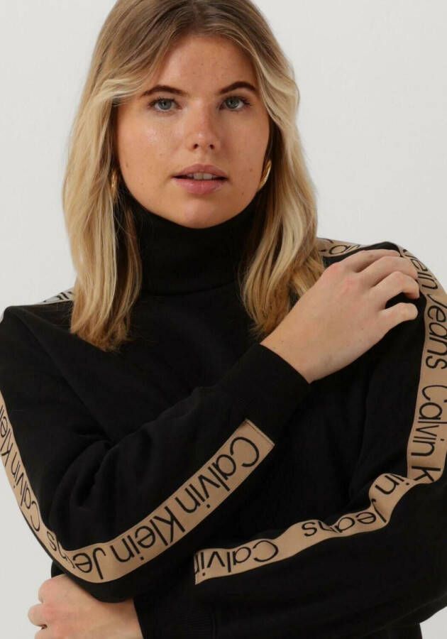 Calvin Klein Zwarte Trui Logo Tape Sleeves Roll Neck