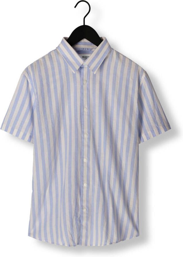 SELECTED HOMME Heren Overhemden Slhslimnew-linen Shirts Ss Classic W Blauw wit Gestreept