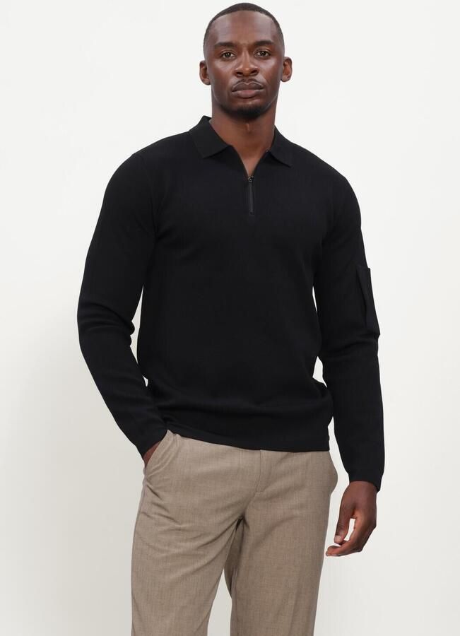 GENTI Heren Truien & Vesten Polo Zip Ls Zwart
