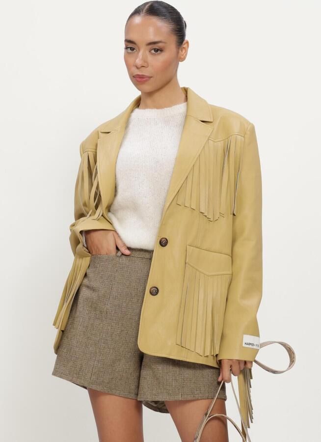 HARPER & YVE imitatieleren regular blazer met franjes mosterdgeel