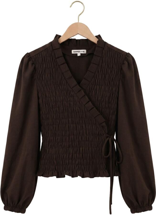 HARPER & YVE geruite blouse met smockwerk donkerbruin - Foto 2