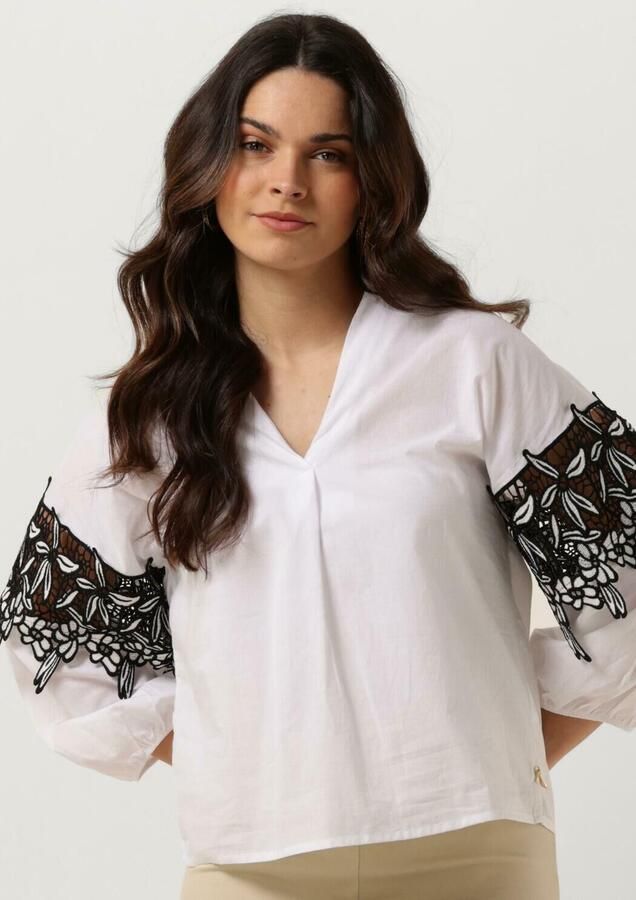 JANSEN AMSTERDAM Dames Blouses Cv777 Cotton Voile Blouse With Black white Lace Detail 3 4 Sleeve Wit - Foto 4
