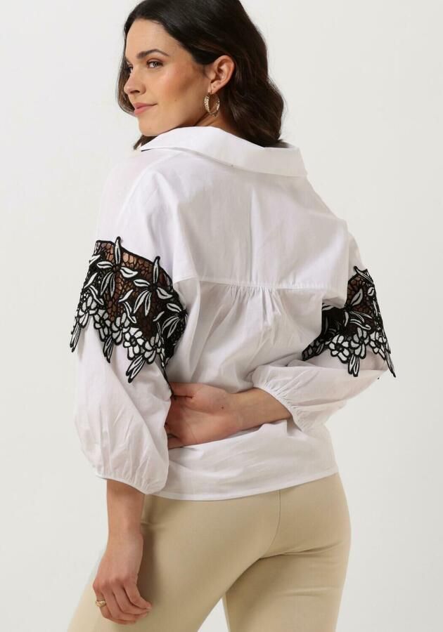 JANSEN AMSTERDAM Dames Blouses Cv777 Cotton Voile Blouse With Black white Lace Detail 3 4 Sleeve Wit - Foto 2