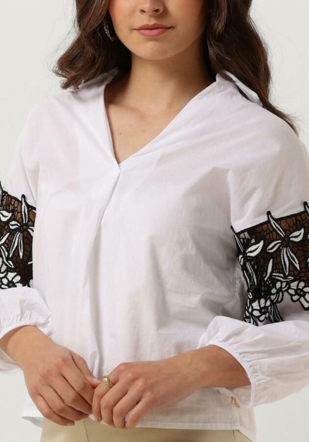 JANSEN AMSTERDAM Dames Blouses Cv777 Cotton Voile Blouse With Black white Lace Detail 3 4 Sleeve Wit - Foto 3