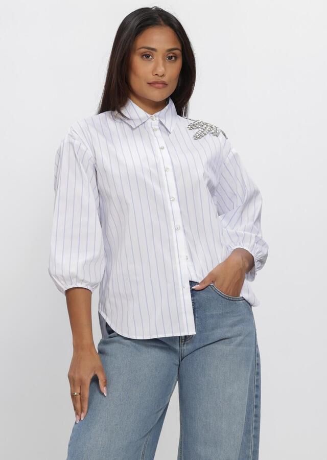 JANSEN AMSTERDAM Dames Blouses Parisa Blouse Cs 772 Stripe 3 4 Sleeve Shiny Stones Embellissement At Shoulder Wit