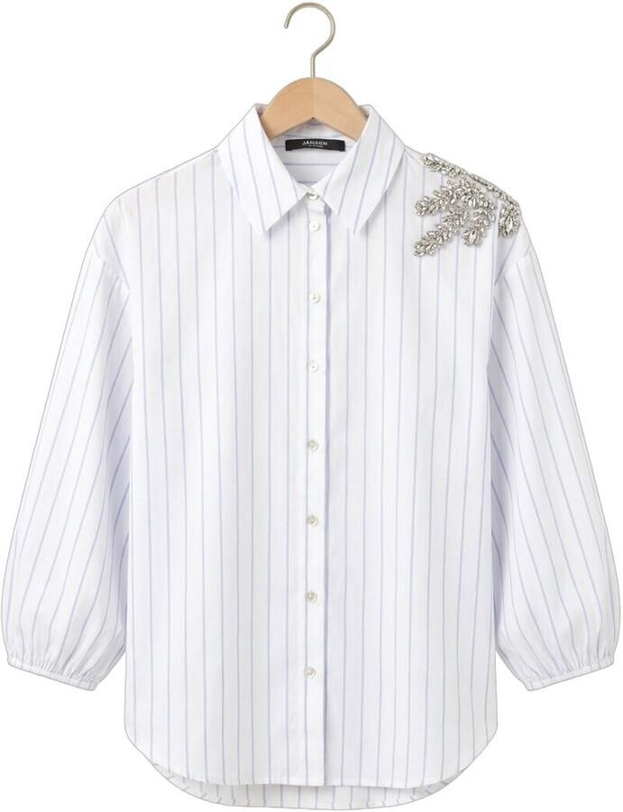 JANSEN AMSTERDAM Dames Blouses Parisa Blouse Cs 772 Stripe 3 4 Sleeve Shiny Stones Embellissement At Shoulder Wit - Foto 2