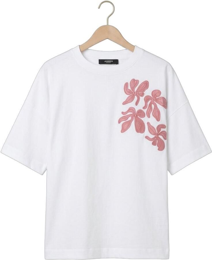 JANSEN AMSTERDAM Dames Tops & T-shirts Riley Shirt Co 184 Short Sleeve Wide Fit Satin Embroidery Flower Wit - Foto 2