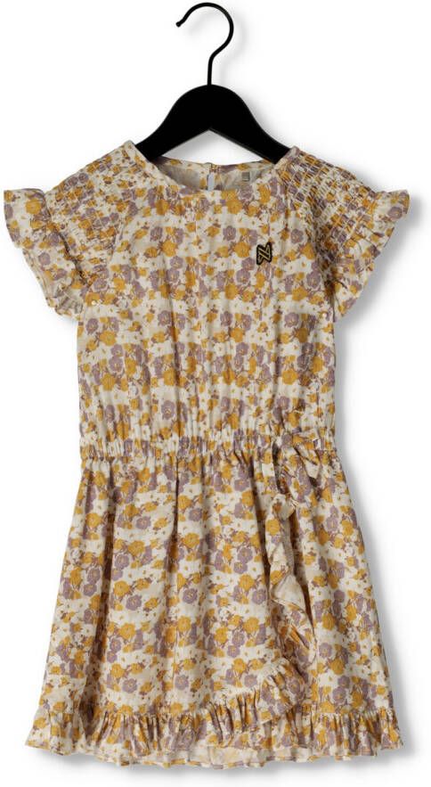 Koko Noko jurk met all over print en ruches ecru lila geel Meisjes Viscose Ronde hals 128