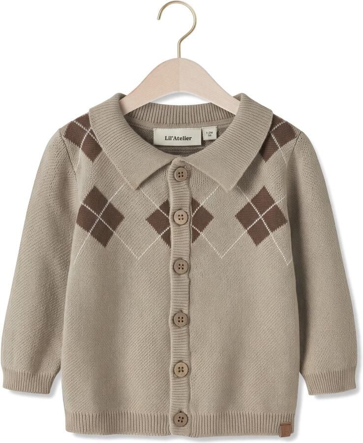 LIL' ATELIER BABY katoenen jacquard gebreid vest met print zand bruin Beige