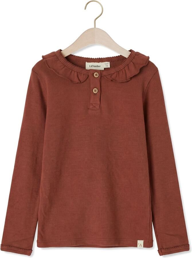 LIL' ATELIER MINI longsleeve met ruches bruin Meisjes Stretchkatoen Ronde hals