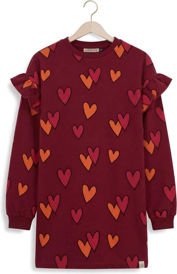 LOOXS little sweatjurk met ruches en hartjes donkerrood