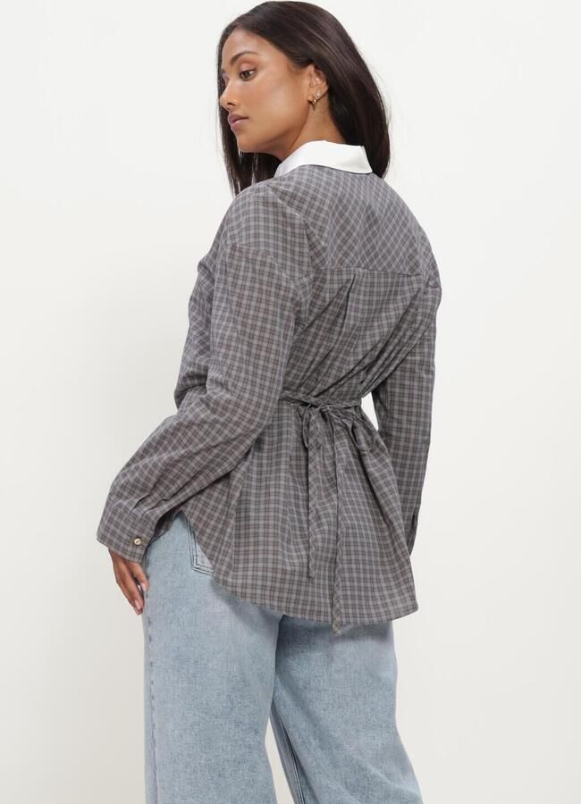 Modström getailleerde geruite blouse met ceintuur grijs