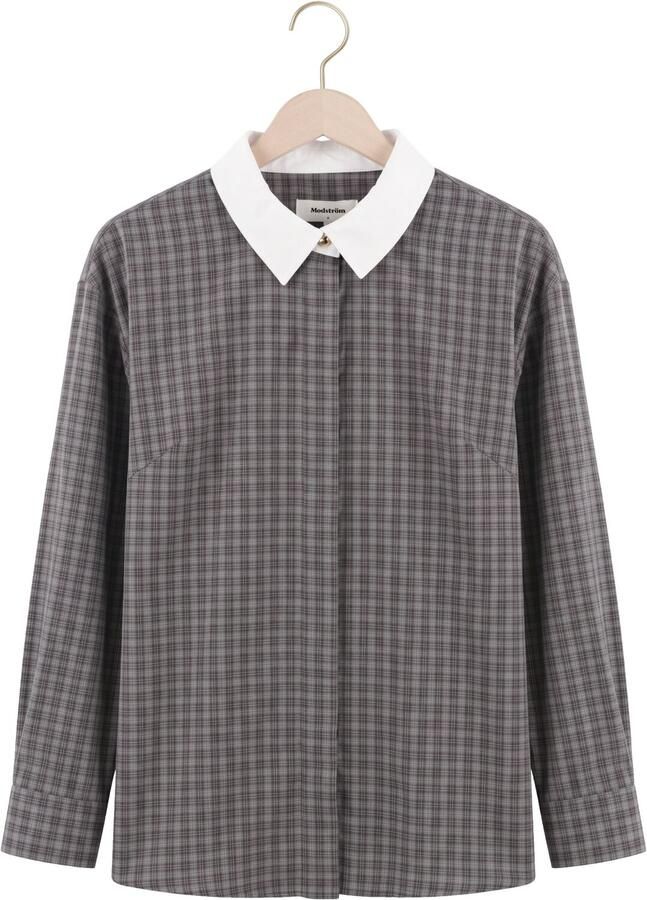 Modström getailleerde geruite blouse met ceintuur grijs - Foto 3