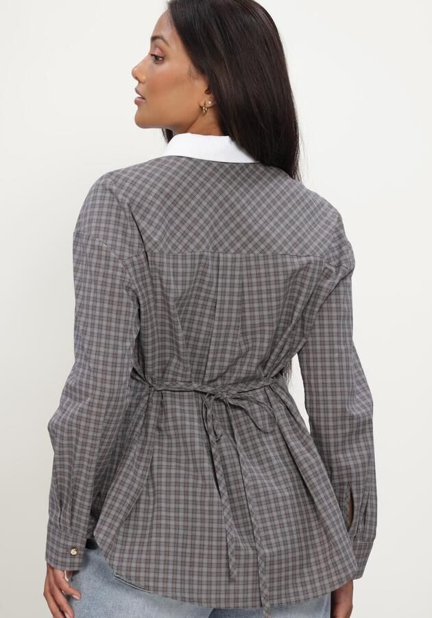 Modström getailleerde geruite blouse met ceintuur grijs - Foto 4