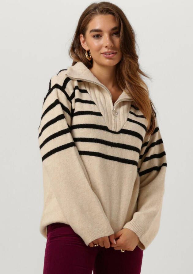 Moves Gestreepte Acryl Half Zip Trui Beige Dames