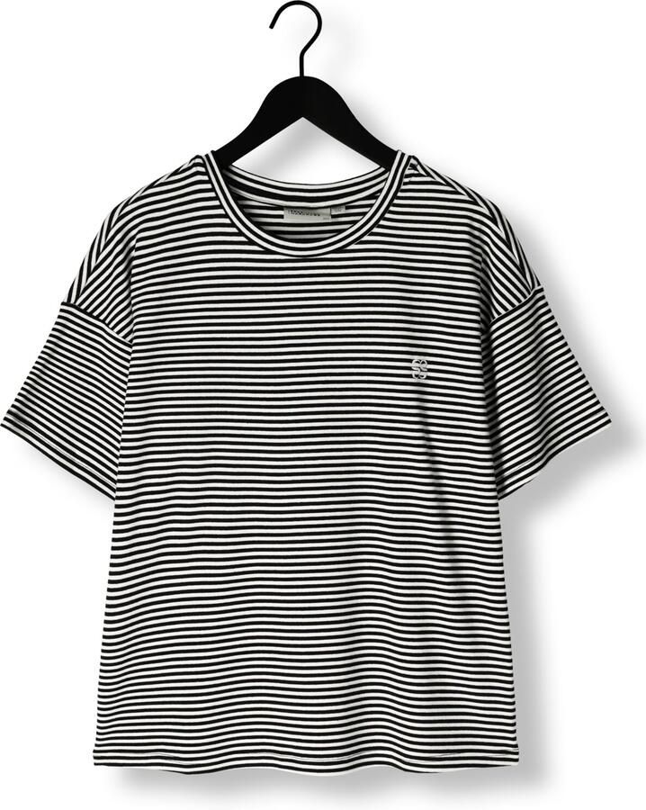 My Essential Wardrobe Geborduurde Tee Zwart met Witte Strepen Black Dames
