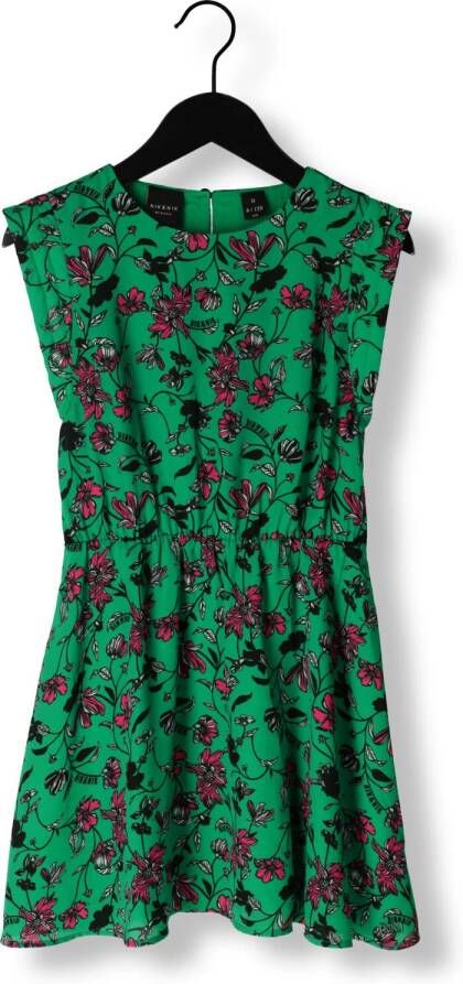 NIK&NIK gebloemde jurk Verona van gerecycled polyester groen fuchsia Meisjes Gerecycled polyester (duurzaam) Ronde hals 176